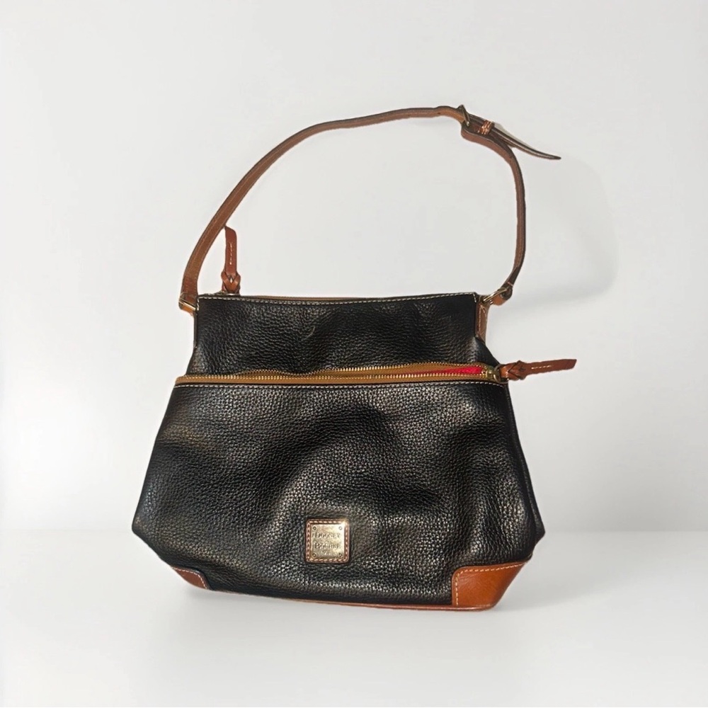 Dooney & Bourke Black Pebbled Leather Crossbody Bag Tan Trim Zip Top